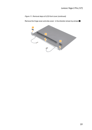 Page 5551
Lenovo Yoga 2 Pro (13″)
Figure 11. Removal steps of LCD front cover (continued)
Remove the hinge cover and strip cover  in the direction shown by arrows\
 3.
3
3
3 