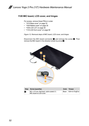 Page 5652
Lenovo Yoga 2 Pro (13″) Hardware Maintenance Manual
1120 MIC board, LCD cover, and hinges
For access, remove these FRUs in order: 
• “1010 Base cover” on page 33
• “1020 Battery pack” on page 35
• “1030 LCD unit” on page 36
• “1110 LCD front cover” on page 50
Figure 12. Removal steps of MIC board, LCD cover, and hinges
Disconnect the MIC board connector 1 and remove the screw 2. Then remove the MIC board in the direction shown by arrow 3.
2
3
1
StepScrew (quantity)ColorTorque
2M2 × 2.5 mm, flat-head,...