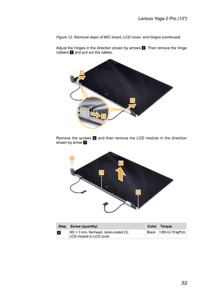 Page 5753
Lenovo Yoga 2 Pro (13″)
Figure 12. Removal steps of MIC board, LCD cover, and hinges (continued)
Adjust the hinges in the direction shown by arrows 4. Then remove the hinge rubbers 5 and pull out the cables.
4
4
5
Remove the screws 6 and then remove the LCD module in the direction shown by arrow 7.
6
6
67
StepScrew (quantity)ColorTorque
6M2 × 3 mm, flat-head, nylok-coated (3)  LCD module to LCD coverBlack1.85+/-0.15 kgf*cm 