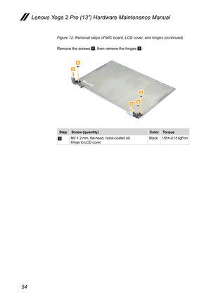 Page 5854
Lenovo Yoga 2 Pro (13″) Hardware Maintenance Manual
Figure 12. Removal steps of MIC board, LCD cover, and hinges (continued)
Remove the screws 8, then remove the hinges 9.
8
8
9
8
9
StepScrew (quantity)ColorTorque
8M2 × 2 mm, flat-head, nylok-coated (4) Hinge to LCD coverBlack1.85+/-0.15 kgf*cm 