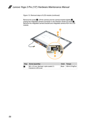 Page 6056
Lenovo Yoga 2 Pro (13″) Hardware Maintenance Manual
Figure 13. Removal steps of LCD module (continued)
Remove the screw 3. Lift the camera and the camera bracket slightly 4. Unplug the integrated camera connector in the direction shown by arrow 5. Remove the integrated camera bracket and integrated camera from the LCD \
module.
3
5
4
StepScrew (quantity)ColorTorque
3M2 × 2.5 mm, flat-head, nylok-coated (1)  Camera to LCD coverBlack1.85+/-0.15 kgf*cm 