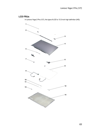 Page 6763
Lenovo Yoga 2 Pro (13″)
LCD FRUs
In Lenovo Yoga 2 Pro (13″), the type of LCD is 13.3-inch high definition (HD).
1
2
7
9
1011
13
5
3
4
6
8
12
14 