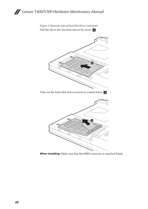 Page 44Lenovo Y400/Y500 Hardware Maintenance Manual
40
Figure 5. Removal steps of hard disk drive (continued)
Pull the tab in the direction shown by arrow  .
Take out the hard disk drive secured in a metal frame  .
When installing: Make sure that the HDD connector is attached firmly.
b
b
c
c 