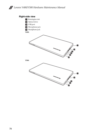 Page 78Lenovo Y400/Y500 Hardware Maintenance Manual
74Right-side view
Kensington slot
Optical drive
USB port
Microphone jack
Headphone jack
Y400:
Y500:a
b
c
d
e
a
b
cc
d
e
a
b
cd
e 