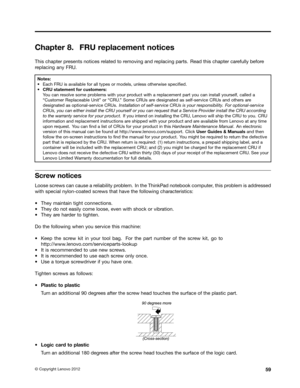 Page 65 

&KDSW
HU )58
UHSODFHPHQW QRWLFHV 
7KLV
FKDSW HUSUHVHQWV QRWLFHV UHODW HGWR UHPRYLQJ DQGUHSODFLQJ SDUWV 5HDG WKLVFKDSW HUFDU HIXOO\ EHIRUH
U
HSODFLQJ DQ\)58  1RW
HV
a
(DFK )58LVDYDLODEOH IRUDOOW\SHV RUPRGHOV XQOHVVRWKHUZLVHVSHFL1HG
a
&58 VWDWHPHQW IRUFXVW RPHUV
<
RX FDQ UHVROYH VRPHSUREOHPV ZLWK\RXU SURGXFW ZLWKDUHSODFHPHQW SDUW\RX FDQLQVWDOO \RXUVHOI FDOOHGD
W&XVW
RPHU 5HSODFHDEOH 8QLWXRUW&58 X 6RPH &58V DUH GHVLJQDW HGDVVHOIVHU YLFH&58V DQGRWKHUV DUH
GHVLJQDW
HGDVRSWLRQDOVHU...