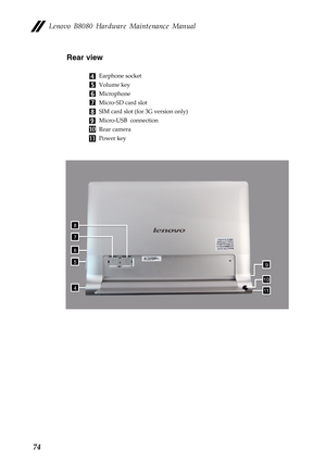 Page 78 
Lenovo B8080 Hardware Maintenance Manual 
Rear view 
Earphone socket 
Volume key 
Microphone 
Micro-SD card slot 
SIM card slot (for 3G version only) 
Micro-USB connection 
Rear camera 
Power key 
74  