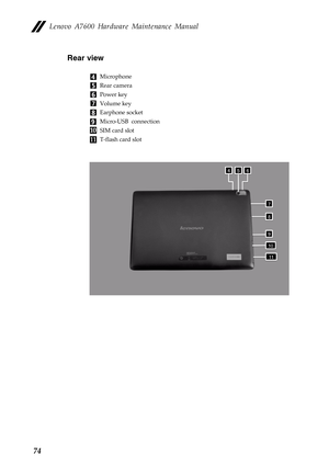 Page 78Lenovo A7600 Hardware Maintenance Manual
74Rear view
Microphone
Rear camera
Power key
Volume key
Earphone socket
Micro-USB connection
SIM card slot
T-flash card slot 