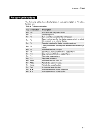 Page 3531
Lenovo G560
Fn key combinations
The  following  table  shows  the  function  of  each  combination  of  Fn  with  a function key.
Table 4. Fn key combinations
Key combinationDescription
Fn + Esc:Turn on/off the integrated camera.Fn + F1:Enter sleep mode.Fn + F2:Turn on/off the backlight of the LCD screen.
Fn + F3:Open  the  interface  for  the  display  device  switch  to  select this notebook or an external display.Fn + F4:Open the interface for display resolution settings.
Fn + F5:Open  the...