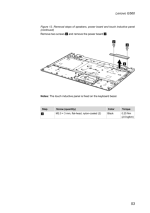 Page 5753
Lenovo G560
Figure  12.  Removal  steps  of  speakers,  power  board  and  touch  inductive  panel (continued) 
Remove two screws 2 and remove the power board 3. 
3
22
Notes: The touch inductive panel is fixed on the keyboard bezel.
StepScrew (quantity)ColorTorque
2M2.0 × 3 mm, flat-head, nylon-coated (2)Black0.25 Nm(2.5 kgfcm)  