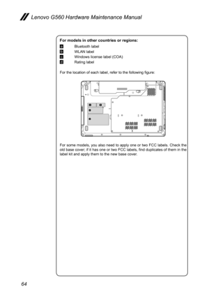 Page 6864
Lenovo G560 Hardware Maintenance Manual
For models in other countries or regions:
a Bluetooth label
b WLAN label
c Windows license label (COA)
d Rating label
For the location of each label, refer to the following figure:
1
c
d
ab
For some models, you also need to apply one or two FCC labels. Check the 
old base cover; if it has one or two FCC labels, find duplicates of them in the 
label kit and apply them to the new base cover. 