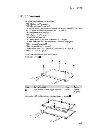 Page 6965
Lenovo G560
1160 LCD front bezel
For access, remove these FRUs in order: 
• “1010 Battery pack” on page 34
• “1020 Dummy cards” on page 35 
• “1030  Hard  disk  drive  (HDD)/Memory/CPU  (Central  processing  unit)/Mini PCI ExpressCard slot compartment cover ” on page 36
• “1040 Hard disk drive ” on page 37
• “1050 Optical drive” on page 39
• “1060 DIMM” on page 40
• “1070 Fan assembly and Heat Sink assembly” on page 41
• “1090 PCI Express Mini Card for wireless LAN/WAN” on page 45
• “1100 Keyboard” on...