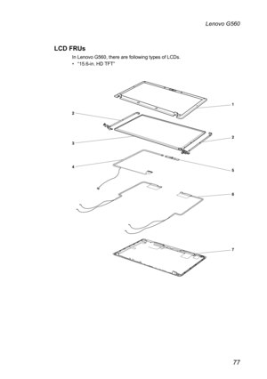 Page 8177
Lenovo G560
LCD FRUs
In Lenovo G560, there are following types of LCDs.
“15.6-in. HD TFT”•  