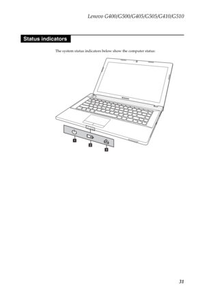 Page 35Lenovo G400/G500/G405/G505/G410/G510
31
The system status indicators below show the computer status:
Status indicators
cb a 