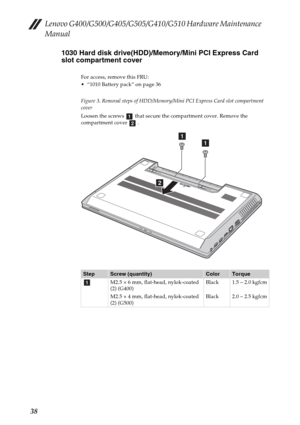 Page 42Lenovo G400/G500/G405/G505/G410/G510 Hardware Maintenance 
Manual
381030 Hard disk drive(HDD)/Memory/Mini PCI Express Card 
slot compartment cover
For access, remove this FRU:
 “1010 Battery pack” on page 36
Figure 3. Removal steps of HDD/Memory/Mini PCI Express Card slot compartment 
cover
Loosen the screws   that secure the compartment cover. Remove the 
compartment cover   .
StepScrew (quantity)ColorTorque
M2.5 × 6 mm, flat-head, nylok-coated 
(2) (G400)
M2.5 × 4 mm, flat-head, nylok-coated 
(2)...