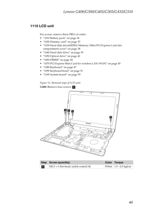 Page 65Lenovo G400/G500/G405/G505/G410/G510
61 1110 LCD unit
For access, remove these FRUs in order:
 “1010 Battery pack” on page 36
 “1020 Dummy card” on page 37
 “1030 Hard disk drive(HDD)/Memory/Mini PCI Express Card slot 
compartment cover” on page 38
 “1040 Hard disk drive” on page 39
 “1050 Optical drive” on page 42
 “1060 DIMM” on page 44
 “1070 PCI Express Mini Card for wireless LAN/WAN” on page 45
 “1080 Keyboard” on page 47
 “1090 Keyboard bezel” on page 51
 “1100 System board” on page 55
Figure 11....