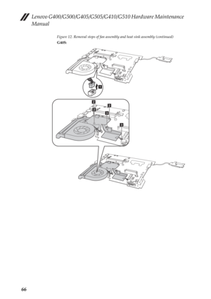 Page 70Lenovo G400/G500/G405/G505/G410/G510 Hardware Maintenance 
Manual
66
Figure 12. Removal steps of fan assembly and heat sink assembly (continued)
G405:
a
c
c
b
bb 