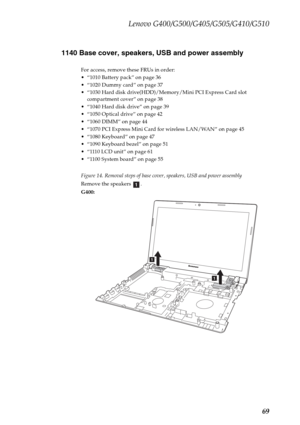 Page 73Lenovo G400/G500/G405/G505/G410/G510
69 1140 Base cover, speakers, USB and power assembly
For access, remove these FRUs in order:
 “1010 Battery pack” on page 36
 “1020 Dummy card” on page 37
 “1030 Hard disk drive(HDD)/Memory/Mini PCI Express Card slot 
compartment cover” on page 38
 “1040 Hard disk drive” on page 39
 “1050 Optical drive” on page 42
 “1060 DIMM” on page 44
 “1070 PCI Express Mini Card for wireless LAN/WAN” on page 45
 “1080 Keyboard” on page 47
 “1090 Keyboard bezel” on page 51
 “1110...