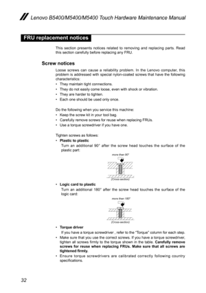 Page 3632
Lenovo B5400/M5400/M5400 Touch Hardware Maintenance Manual
FRU replacement notices
This section presents notices related to removing and replacing parts. Read this section carefully before replacing any FRU.
Screw notices 
Loose screws can cause a reliability problem. In the Lenovo computer, this problem is addressed with special nylon-coated screws that have the following characteristics:
• They maintain tight connections.
• They do not easily come loose, even with shock or vibration.
• They are...