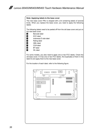 Page 4036
Lenovo B5400/M5400/M5400 Touch Hardware Maintenance Manual
Note: Applying labels to the base cover
The new base cover FRU is shipped with a kit containing labels of several 
kinds. When you replace the base cover, you need to apply the following 
labels: 
The following labels need to be peeled off from the old base cover and put on 
the new base cover. 
a Barcode label
b KCC label
c Indonesia D side label
d Rating label
e GML label
f COA labelg BT label
h WL label
For some models, you also need to...