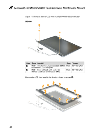 Page 6662
Lenovo B5400/M5400/M5400 Touch Hardware Maintenance Manual
Figure 15. Removal steps of LCD front bezel (B5400/M5400) (continued)
M5400



StepScrew (quantity)ColorTorque
2M2.5 × 5 mm, flat-head, nylok-coated (2) (B5400) LCD Bezel to LCD Cover (BM6)Black3.0+/-0.3 kgf*cm
2M2.5 × 3 mm, flat-head, nylok-coated (2) (M5400) LCD Bezel to LCD Cover (BM5)Black3.0+/-0.3 kgf*cm
Remove the LCD front bezel in the direction shown by arrows 3.



 