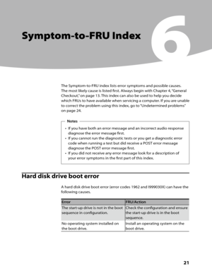Page 23Chapter 6. Symptom-to-FRU Index
      21
Symptom-to-FRU Index
6
The Symptom-to-FRU index lists error symptoms and possible causes. 
The most likely cause is listed first. Always begin with Chapter 4, “General 
Checkout,” on page 13. This index can also be used to help you decide 
which FRUs to have available when servicing a computer. If you are unable 
to correct the problem using this index, go to “Undetermined problems” 
on page 24.Notes
•	 If	you	have	both	an	error	message	and	an	incorrect	audio...
