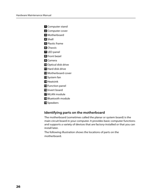 Page 28Hardware Maintenance Manual
26      
1 Computer stand  
2 Computer cover
3 Motherboard
4 Shell
5 Plastic frame
6 Chassis
7 LED panel 
8 Front bezel
9 Camera 
10 Optical disk drive
11 Hard disk drive
12 Motherboard cover
13 System fan
14 Heatsink
15 Function panel
16 Invert board
17 WLAN module
18 Bluetooth module
19 Speakers
Identifying parts on the motherboard
The motherboard (sometimes called the planar or system board) is the 
main circuit board in your computer. It provides basic computer functions...