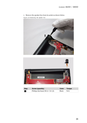 Page 39Lenovo B6000 / B8000
35
4.Remove the speaker box from its socket as shown below.
Figure 2-4 Removing the speaker box
StepScrew (quantity)ColorTorque
Phillips flat-head, M1.4 × 3.8  (2) Black N/A
a 