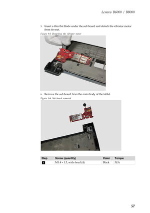 Page 61Lenovo B6000 / B8000
57
5.Insert a thin flat blade under the sub board and detach the vibrator motor 
from its seat.
Figure 9-3 Detaching the vibrator motor
6.Remove the sub board from the main body of the tablet.
Figure 9-4 Sub board removed
StepScrew (quantity)ColorTorque
M1.4 × 1.3, wide head (4) Black N/A
a 