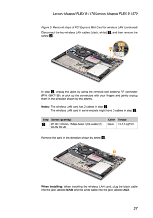 Page 4137
Lenovo ideapad FLEX 5-1470/Lenovo ideapad FLEX 5-1570
Figure 5. Removal steps of PCI Express Mini Card for wireless LAN (continued)
Disconnect the two wireless LAN cables (black, white) 
2, and then remove the 
screw 3.
22
3
In step 2, unplug the jacks by using the removal tool antenna RF connector   
(P/N:  08K7159),  or  pick  up  the  connectors  with  your  fingers  and  gently  unplug 
them in the direction shown by the arrows.
Notes:
 The wireless LAN card has 2 cables in step 2.
 The wireless...