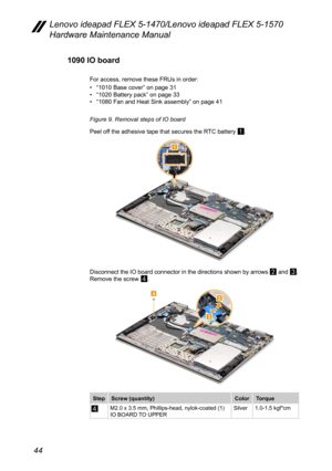 Page 4844
Lenovo ideapad FLEX 5-1470/Lenovo ideapad FLEX 5-1570 
Hardware Maintenance Manual
1090 IO board
For access, remove these FRUs in order:
• “1010 Base cover” on page 31• “1020 Battery pack” on page 33• “1080 Fan and Heat Sink assembly ” on page 41
Figure 9. Removal steps of IO board
Peel off the adhesive tape that secures the RTC battery 
1.
1
Disconnect the IO board connector in the directions shown by arrows 2 and 3. 
Remove the screw 4.
42
3
Step Screw (quantity) ColorTorque
4M2.0 x 3.5 mm,...