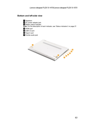 Page 6763
Lenovo ideapad FLEX 5-1470/Lenovo ideapad FLEX 5-1570
Bottom and left-side view 
a Speakersb AC power adapter jackc Battery status indicatorNote: For the description of each indicator, see “Status indicators” on page 27.
4 HDMI port
e USB 3.0 port
f Type-C port
g Combo audio jack
1
1
234567 