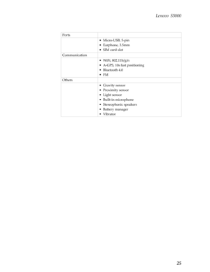 Page 29 Lenovo S5000
25
Ports• Micro-USB, 5-pin
• Earphone, 3.5mm
•SIM card slot
Communication • WiFi, 802.11b/g/n
• A-GPS, 10s fast positioning
•Bluetooth 4.0
•FM
Others •Gravity sensor
•Proximity sensor
• Light sensor
• Built-in microphone
• Stereophonic speakers
•Battery manager
•Vibrator   