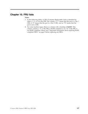 Page 153Chapter 10. FRU lists 
Notes:   
1. 
 
 In the following tables, A CRU (Customer Replaceable Unit) is identified by 
either a 1, 2, or N in the CRU Tier column. A ″1″ means that the part is a Tier 1 
CRU, A ″2″ means that the part is a Tier 2 CRU, and an ″N″ means that the 
part is not a CRU. 
2. 
 
 For some machine types, there is a column with a heading of RoHS?. This 
column contains a “Y“ if the FRU is RoHS compliant or an “N“ if the FRU is 
not RoHS compliant. Please read “Important information...