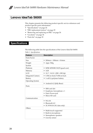 Page 28Lenovo IdeaTab S6000 Hardware Maintenance Manual
24
This chapter presents the following product-specific service references and 
product-specific parts information:
 “Specifications” on page 24
 “FRU replacement notices” on page 25
 “Removing and replacing an FRU” on page 26

 “Parts list” on page 39
The following table lists the specifications of the Lenovo IdeaTab S6000:
Table 1. Specifications
FeatureDescription
Form Factor
Size  260mm × 180mm × 8.6mm
Weight  Appr. 560g
System
Platform  MTK...