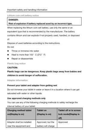 Page 5Important safety and handling information 
Lithium coin cell battery notice 
DANGER: 
Risk of explosion if battery replaced aced by an incorrect type. 
When replacing the lithium coin cell battery, use only the same or an 
equivalent type that is recommended by the manufacturer. The battery 
contains lithium and can explode if not properly used, handled, or disposed 
of. 
Dispose of used batteries according to the instructions. 
Do not: 
 Throw or immerse into water 
 Heat to more than 100°C (212°F) 
...