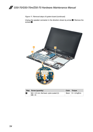 Page 5854
G50-70/G50-70m/Z50-70 Hardware Maintenance Manual
Figure 11. Removal steps of system board (continued)
Unplug	the	speaker 	connector	 in	the	 direction	 shown	by	arrow	3.	Remove	 the	screws	4.	



StepScrew (quantity)ColorTorque
4M2	×	3.5	mm,	flat-head,	nylok-coated	(3)	MB	+	D	Black1.5	~	2.0	kgf*cm 