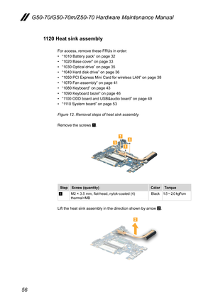 Page 6056
G50-70/G50-70m/Z50-70 Hardware Maintenance Manual
1120 Heat sink assembly
For	access,	remove	these	FRUs	in	order:	
•	“1010	Battery	pack”	on	page	32
•	“1020	Base	cover”	on	page	33
•	“1030	Optical	drive”	on	page	35
•	“1040	Hard	disk	drive”	on	page	36
•	“1050	PCI	Express	Mini	Card	for	wireless	LAN”	on	page	38
•	“1070	Fan	assembly”	on	page	41
•	“1080	Keyboard”	on	page	43
•	“1090	Keyboard	bezel”	on	page	46
•	“1100	ODD	board	and	USB&audio	board”	on	page	49
•	“1110	System	board”	on	page	53
Figure 12. Removal...