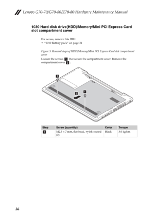 Page 40Lenovo G70-70/G70-80/Z70-80 Hardware Maintenance Manual
361030 Hard disk drive(HDD)/Memory/Mini PCI Express Card 
slot compartment cover
For access, remove this FRU:
 “1010 Battery pack” on page 34
Figure 3. Removal steps of HDD/Memory/Mini PCI Express Card slot compartment 
cover
Loosen the screws   that secure the compartment cover. Remove the 
compartment cover   .
StepScrew (quantity)ColorTorque
M2.5 × 7 mm, flat-head, nylok-coated 
(2)Black 3.0 kgfcm
ab
ba
a
a 