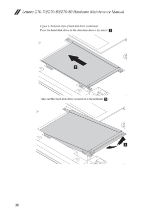 Page 42Lenovo G70-70/G70-80/Z70-80 Hardware Maintenance Manual
38
Figure 4. Removal steps of hard disk drive (continued)
Push the hard disk drive in the direction shown by arrow  .
Take out the hard disk drive secured in a metal frame  .
b
b
c
c 