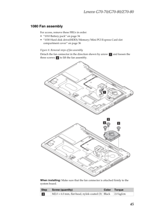 Page 49Lenovo G70-70/G70-80/Z70-80
45 1080 Fan assembly
For access, remove these FRUs in order:
 “1010 Battery pack” on page 34
 “1030 Hard disk drive(HDD)/Memory/Mini PCI Express Card slot 
compartment cover” on page 36
Figure 8. Removal steps of fan assembly
Detach the fan connector in the direction shown by arrow   and loosen the 
three screws   to lift the fan assembly.
When installing: Make sure that the fan connector is attached firmly to the 
system board.
StepScrew (quantity)ColorTorque
M2.0 × 6.0 mm,...