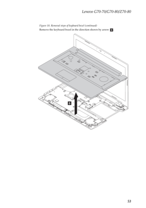 Page 57Lenovo G70-70/G70-80/Z70-80
53
Figure 10. Removal steps of keyboard bezel (continued)
Remove the keyboard bezel in the direction shown by arrow  .
f
f 