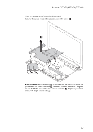 Page 61Lenovo G70-70/G70-80/Z70-80
57
Figure 11. Removal steps of system board (continued)
Remove the system board in the direction shown by arrow  .
When installing: When attaching the system board to the base cover, adjust the 
placement of the USB as shown in  , and make sure that both of the USB ports 
are attached to the holes on the base cover as shown in  . Improper placement 
of the ports might cause a damage.
g
aa
g 