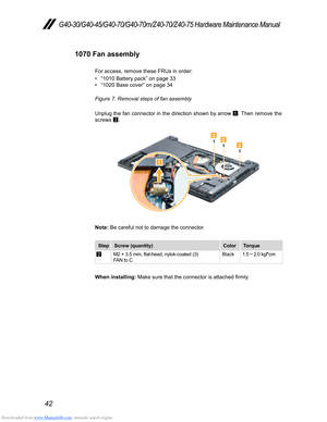 Page 46Downloaded from www.Manualslib.com manuals search engine 42
G40-30/G40-45/G40-70/G40-70m/Z40-70/Z40-75 Hardware Maintenance Manual
1070 Fan assembly
For access, remove these FRUs in order: 
• “1010 Battery pack” on page 33• “1020 Base cover” on page 34
Figure 7. Removal steps of fan assembly 
Unplug the fan connector in the direction shown by arrow  1. Then remove the 
screws  2.
222
1
Note: Be careful not to damage the connector.
Step
Screw (quantity) ColorTorque
2M2 × 3.5 mm, flat-head, nylok-coated...