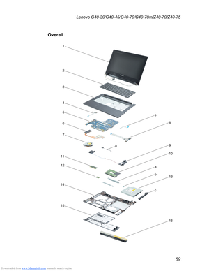 Page 73Downloaded from www.Manualslib.com manuals search engine 69
Lenovo G40-30/G40-45/G40-70/G40-70m/Z40-70/Z40-75
Overall






 


 G



C
D 
F

E  