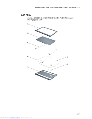 Page 81Downloaded from www.Manualslib.com manuals search engine 77
Lenovo G40-30/G40-45/G40-70/G40-70m/Z40-70/Z40-75
LCD FRUs
In Lenovo G40-30/G40-45/G40-70/G40-70m/Z40-70/Z40-75, there are 
following types of LCDs.





  