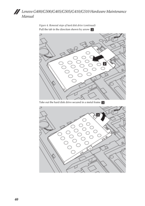 Page 44Lenovo G400/G500/G405/G505/G410/G510 Hardware Maintenance 
Manual
40
Figure 4. Removal steps of hard disk drive (continued)
Pull the tab in the direction shown by arrow  .
Take out the hard disk drive secured in a metal frame  .
b
b
c
c 