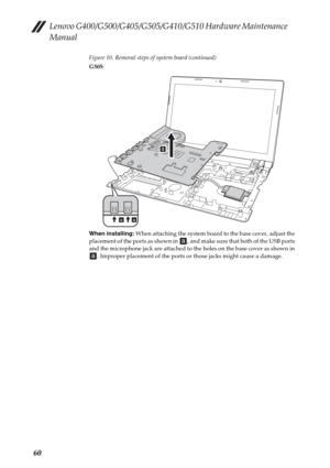 Page 64Lenovo G400/G500/G405/G505/G410/G510 Hardware Maintenance 
Manual
60
Figure 10. Removal steps of system board (continued)
G505:
When installing: When attaching the system board to the base cover, adjust the 
placement of the ports as shown in  , and make sure that both of the USB ports 
and the microphone jack are attached to the holes on the base cover as shown in 
. Improper placement of the ports or those jacks might cause a damage.
aa
e 