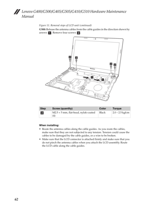 Page 66Lenovo G400/G500/G405/G505/G410/G510 Hardware Maintenance 
Manual
62
Figure 11. Removal steps of LCD unit (continued)
G500: Release the antenna cables from the cable guides in the direction shown by 
arrows  . Remove four screws  .
When installing:
 Route the antenna cables along the cable guides. As you route the cables, 
make sure that they are not subjected to any tension. Tension could cause the 
cables to be damaged by the cable guides, or a wire to be broken.
 Make sure that the LCD connector is...