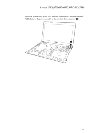 Page 75Lenovo G400/G500/G405/G505/G410/G510
71
Figure 14. Removal steps of base cover, speakers, USB and power assembly (continued)
G400: Remove the power assembly in the direction shown by arrow  .
d
d 