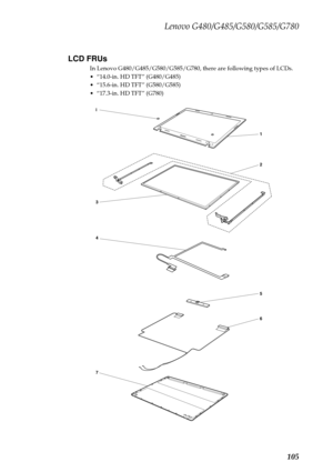 Page 109Lenovo G480/G485/G580/G585/G780
105 LCD FRUs
In Lenovo G480/G485/G580/G585/G780, there are following types of LCDs.
 “14.0-in. HD TFT” (G480/G485)
 “15.6-in. HD TFT” (G580/G585)
 “17.3-in. HD TFT” (G780)
6 5 2 1
7 4 3
i 